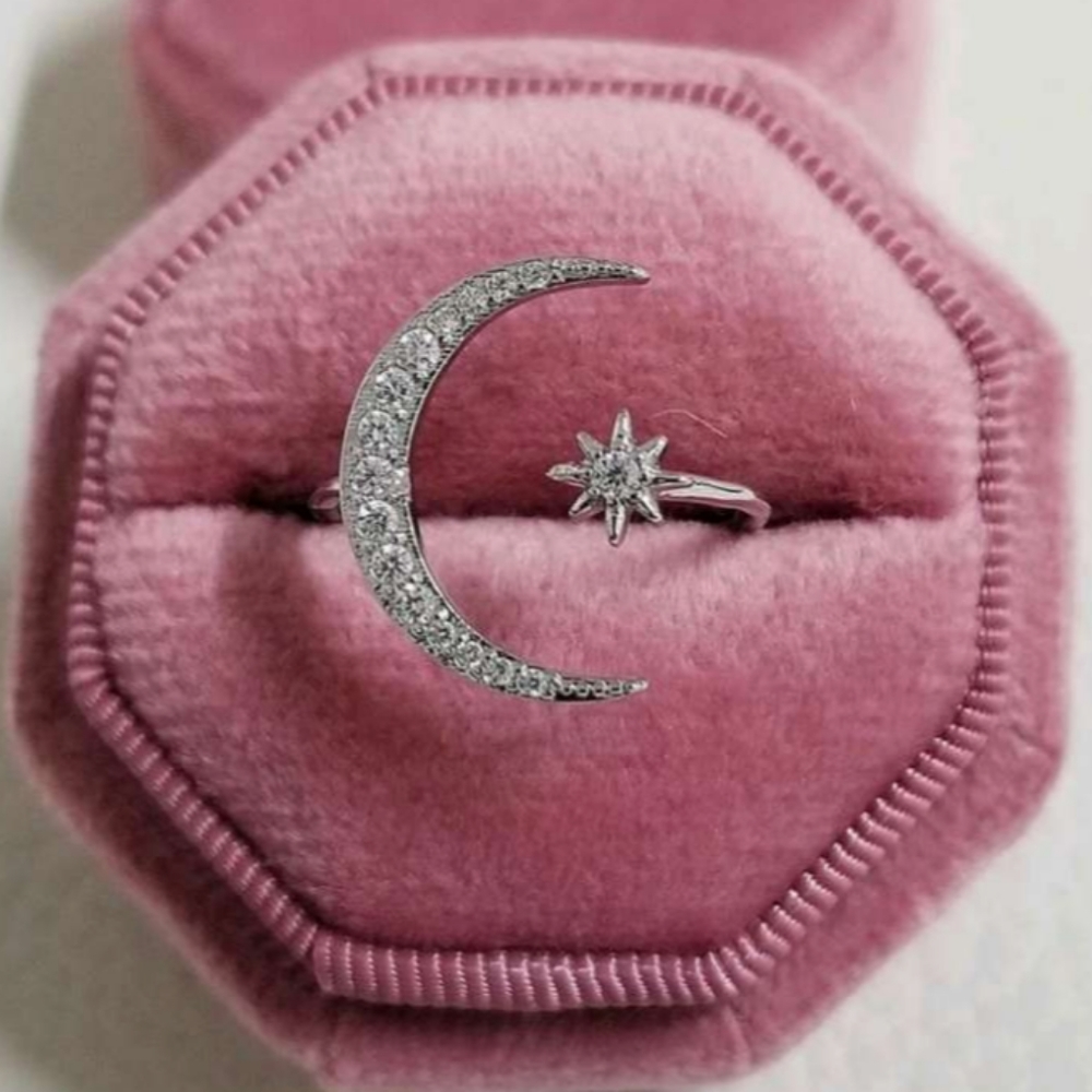 NOWT SILVER CRESCENT MOON & STAR RESIZEABLE RING - Picture 3 of 4